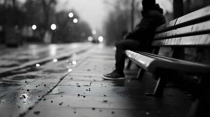 Aufkleber - A blurred view of a person sitting alone on a park bench during a rainy day capturing an atmosphere of solitude : Generative AI