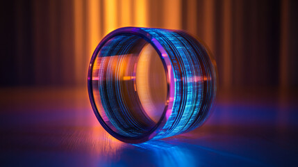 Poster - Colorful light reflecting through a glass object on a wooden surface during nighttime
