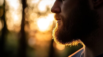 Poster - Side portrait of a man with a beard illuminated by warm sunset light in a natural setting : Generative AI