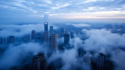 Aufkleber - Stunning aerial view of a city skyline shrouded in mist and clouds during twilight showcasing urban beauty : Generative AI
