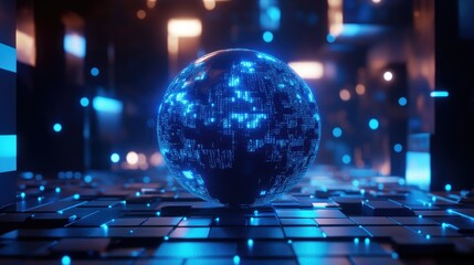 Poster - Futuristic Digital Sphere with Glowing Data Points in Dark Space