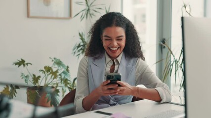 Poster - Happy, phone and business woman in office on break for social media, networking and online chatting. Professional, corporate and person on smartphone to relax on internet, website and connection