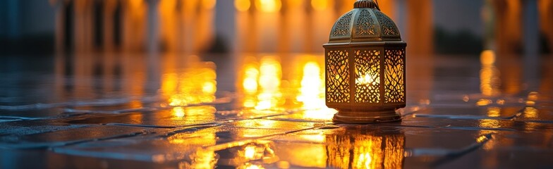 Poster - Illuminated lantern on wet stone at night.