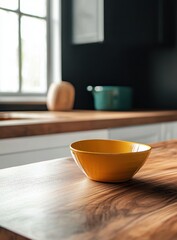 Poster - Yellow bowl on wooden kitchen counter. (1)