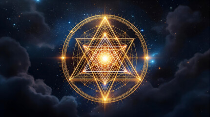 Golden Sacred Geometry Symbol Against a Starry Night Sky