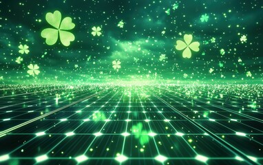 a high-tech solar panel field glowing under a bright green sky with floating shamrocks for saint pat