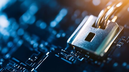 Poster - Closeup of a metallic padlock on a circuit board symbolizing cybersecurity and data protection concepts : Generative AI