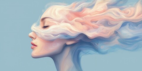 Poster - Ethereal portrait of a woman with flowing hair abstract art digital illustration dreamy atmosphere side view serenity