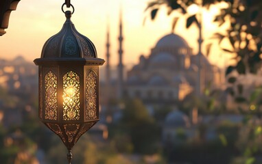 Poster - Illuminated lantern hanging against a mosque sunset backdrop.
