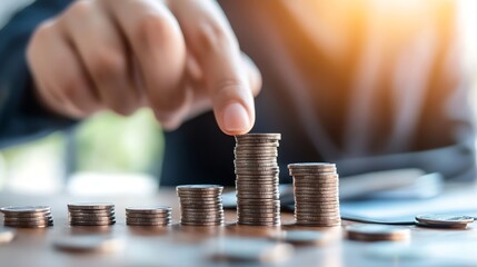 Poster - Focused hand arranging piles of coins in a business setting to illustrate wealth and finance management strategies : Generative AI