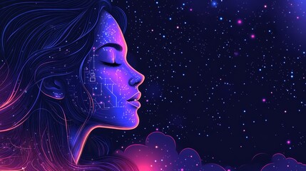 Poster - Electric Dreams Woman s Face from Illuminated Circuits against Starry Night, Cyberpunk, Digital Art