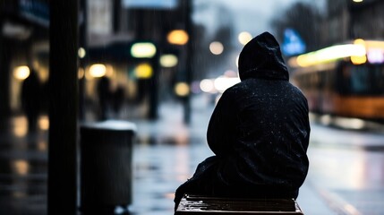 Aufkleber - Lonely Figure in Hooded Jacket Sitting on Rainy Urban Bench : Generative AI