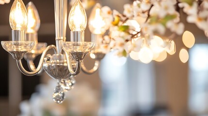 Poster - Elegant chandelier adorned with blossoms glowing softly in stylish interior setting : Generative AI