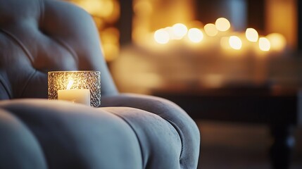 Aufkleber - Cozy armchair with a lit candle creating a warm inviting atmosphere in soft focus : Generative AI