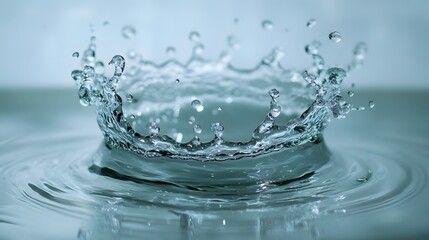 Poster - Dynamic splash of transparent liquid droplets creating a rippling effect on the surface  The image showcases the beauty and fluid nature of water highlighting its purity transparency