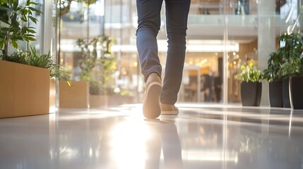 Poster - Individual walking down a bright hallway surrounded by green plants in a modern commercial space : Generative AI