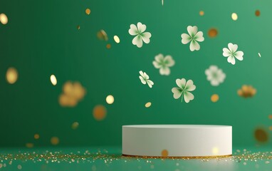 Sticker - Podium mockup with floating four-leaf clovers, golden confetti, and an elegant green gradient background for Saint Patricks Day