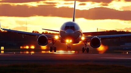 Poster - Airplane Landing at Sunset with Bright Lights Illuminating the Runway : Generative AI