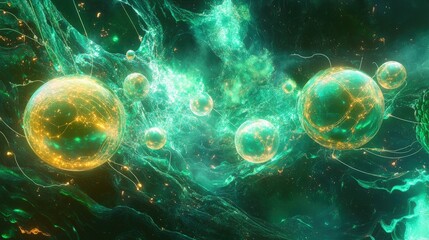 Poster - Ethereal Green and Gold Abstract Visualization of Cosmic Spheres