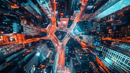 Poster - Dynamic abstract cityscape, vibrant neon colors, futuristic design, ideal for tech and innovation themes, copy-space available.