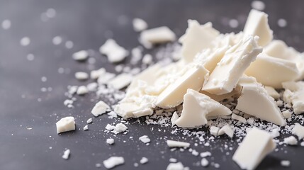 Heap of broken white chocolate pieces scattered on a dark stone surface for culinary use or decoration : Generative AI