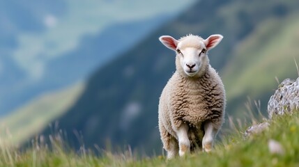 Poster - Cute Sheep Grazing in a Lush Green Meadow Under Stunning Mountain Views : Generative AI
