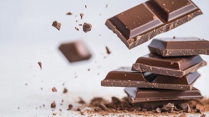 Poster - Delicious dark chocolate blocks falling captured in motion showcasing rich texture and irresistible sweetness : Generative AI