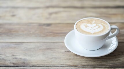 Aufkleber - Artistic Latte Coffee with Heart Design in a White Cup on Rustic Wooden Table : Generative AI