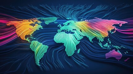 Poster - Vibrant Abstract World Map with Colorful Flowing Lines and Curves