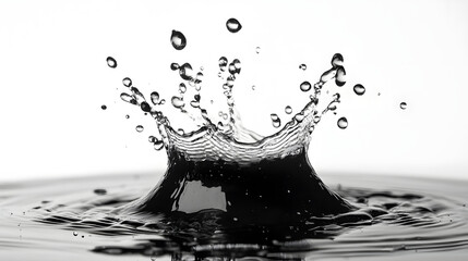Poster - Stunning black and white image capturing the mesmerizing moment of a splash of water droplets creating elegant swirling ripple formations on the surface  The dynamic