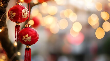 Poster - Vibrant red lanterns glowing softly in the warm light of a festive setting creating a magical ambience : Generative AI