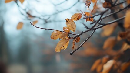 Canvas Print - Delicate closeup of autumn leaves on bare branches with soft bokeh background creating a dreamy atmosphere : Generative AI