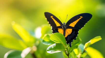 Aufkleber - Colorful butterfly perched on green leaves illuminated by soft sunlight creating a magical atmosphere : Generative AI