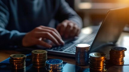Poster - Focused Person Typing on Laptop Surrounded by Stacks of Coins in a Cozy Setting : Generative AI