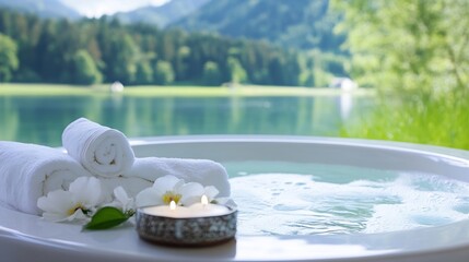 Poster - Luxurious Spa Experience with Bath Towels and Candles by a Tranquil Lake : Generative AI