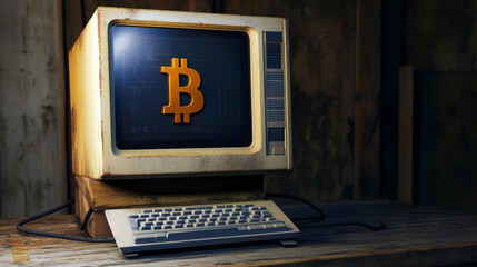 Poster - Bitcoin data exchange, computer crypto mining isolated outline icon. Vector computer display with bitcoin sign on monitor, bitcoin mining concept. Blockchain technology, cryptography platform