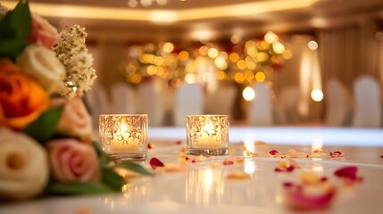 Leinwandbilder - Beautifully arranged bouquet with candles and rose petals creating an elegant wedding atmosphere : Generative AI