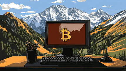 Poster - Bitcoin data exchange, computer crypto mining isolated outline icon. Vector computer display with bitcoin sign on monitor, bitcoin mining concept. Blockchain technology, cryptography platform