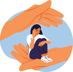 Psychotherapy concept. A young woman character sitting on a hand palm, psychotherapy, help and support, a counseling session on transparent background. Helping hands.