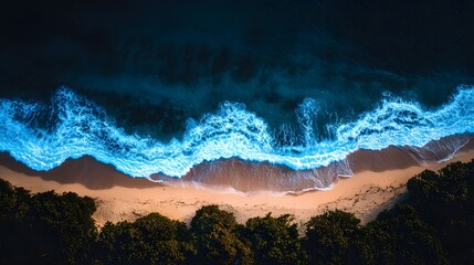 Poster - Vibrant night landscape, glowing blue and orange waves over dark silhouettes, ideal for abstract art and creative projects.