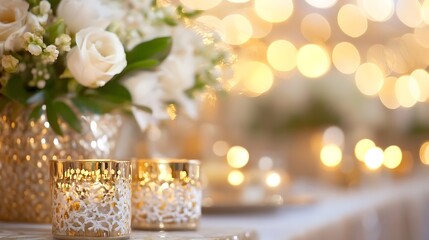 Aufkleber - Elegant floral arrangement with white roses and golden candle holders creating a warm ambiance : Generative AI