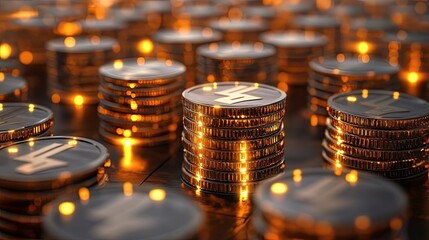 Poster - Stacks of Shiny Coins with Glowing Lights on Elegant Background