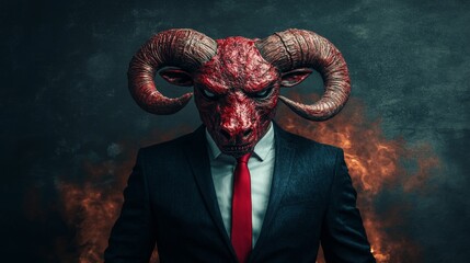 Corporate Devil Intense Portrait of a Figure in a Suit, Crimson Tie, and Fiery Background