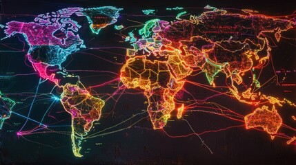 Poster - Colorful Neon World Map with Bright Network Connections and Lines