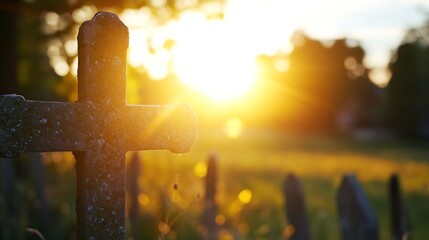 Aufkleber - Sunset casting golden light over a weathered stone cross in a cemetery creating a somber yet beautiful scene : Generative AI