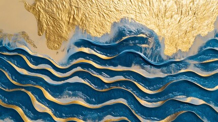 Poster - Abstract ocean waves, dynamic blue and gold patterns, vibrant seascape highlighting movement and tranquility, ideal for art display.