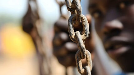 Poster - Closeup of an old rusty chain held by a person emphasizing strength and resilience in a blurred background : Generative AI