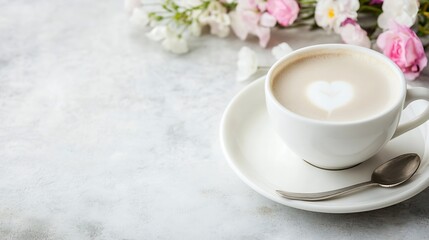 Poster - Delicious coffee with heart foam art accompanied by vibrant flowers on a light textured background : Generative AI