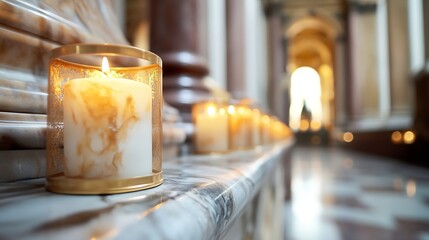 Poster - Decorative candles lined up on a marble surface illuminating grand hallway interior design : Generative AI