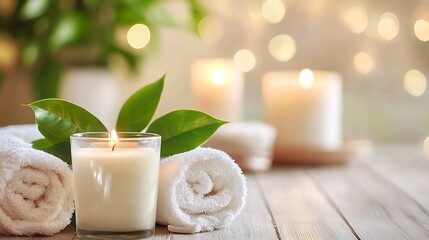 Aufkleber - Tranquil Spa Setup with Candles and Fresh Green Leaves for Relaxation : Generative AI
